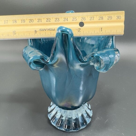1980s Art Glass Abstract Vase Bowl Centerpiece Teal Blue Iridescent Finish Glass - Picture 2 of 15